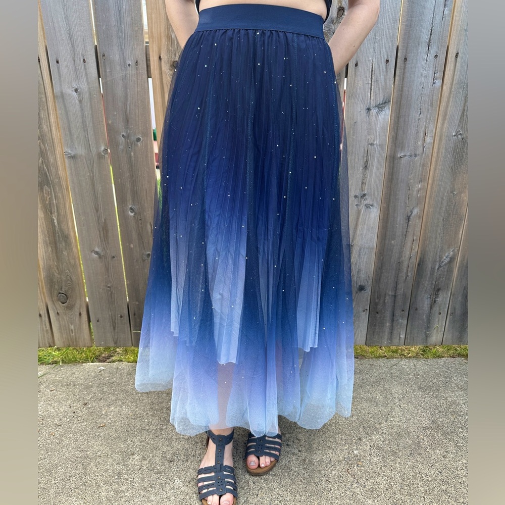 Sparkly Fairycore Maxi Dark Blue Chiffon Skirt